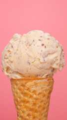 Ice cream Chocolate Chip in waffle cone isolated on pink background, Front view Blank for design.