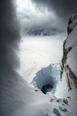 view from top of snow covered cliff in antarctica snow mountain landscape Generative AI
