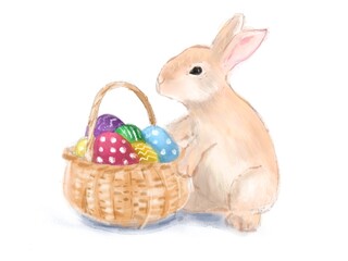 Bunny with eggs in basket. Spring easter postcard illustration.Farmhouse, countryside clipart. Watercolor easter elements collection.