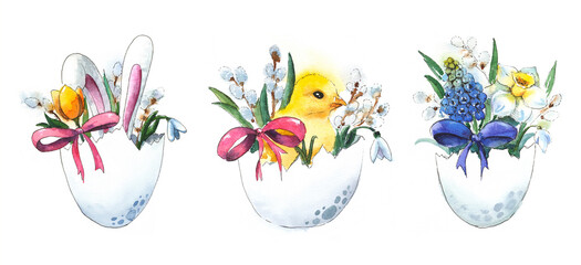 Fototapeta na wymiar Watercolor easter elements collection.White egg and blue flowers, baby chick bird,Bunny ribbon, muscari, narcissus. Spring easter postcard illustration.Farmhouse, countryside clipart.