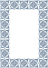 Obraz premium Watercolor classical frame consisting of blue elements and Mediterranean tiles. Hand painted traditional illustration isolation on white background for design, print, fabric or background.
