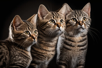 portrait of a various european tabby cats, close up, in a studio, setting using full color and utilizing professional lighting such as softboxes and umbrellas to illuminate the subject