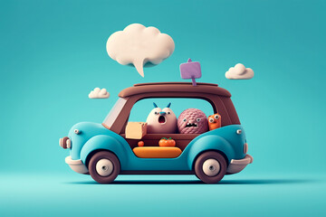 Cuddly extrange funny criatures, driving a car, with blank signboards to help to communicate the messages, copy space, generative ai.