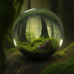 glass orb view whimsical green moss and misty forest glowing orb Generative AI