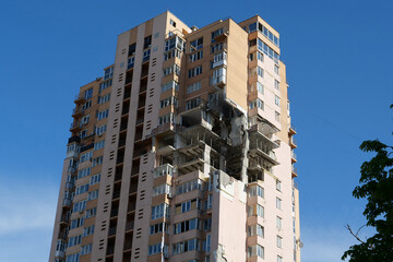 Russian terrorist army damaged by a missile dwelling house in Kyiv city, Ukraine