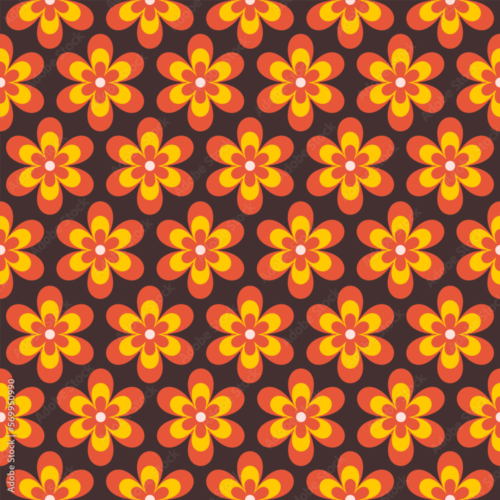 Poster abstract retro seamless pattern with geometric daisy flowers on a brown background. colorful groovy 