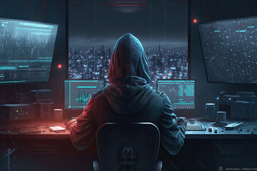 hacker with hood hacking into computer system, conducting corporate espionage, stealing through cybersecurity, security, digital, internet, technology