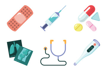various medical equipment and doctor tool : drugs, pills, capsules, syringe, stethoscope, plaster, x-ray film, fever thermometer. vector set. isolated illustrations cartoon style.