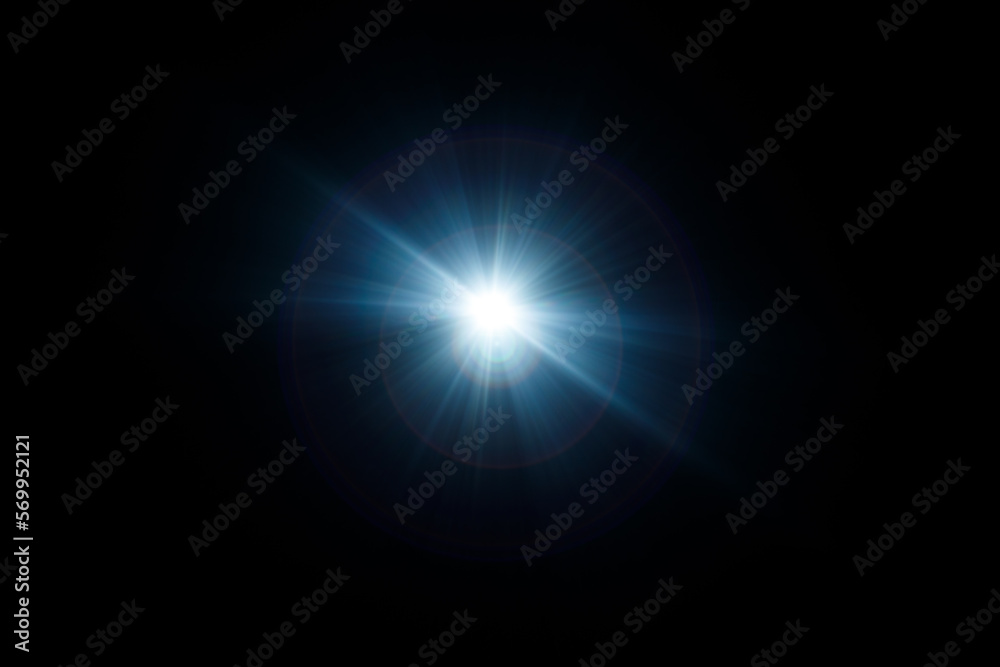 Aufkleber Easy to add lens flare effects for overlay designs or screen blending mode to make high-quality images. Abstract sun burst, digital flare, iridescent glare over black background.