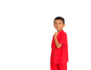 little boy fashion Smiling child in red chinese dress, style and fashion ideas for children. chinese new year