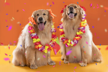 two golden retriever dogs at the carnival