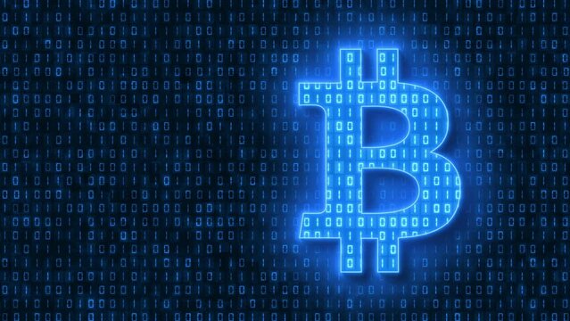 Video animation - Bitcoin sign in light blue and in the background in dark blue a coding of binary code. - moving abstract background