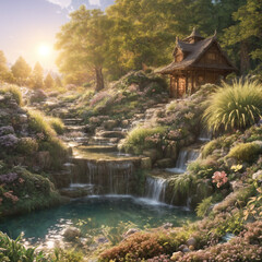 Asian fantasy garden with waterfall and small pagoda cottage, generative art