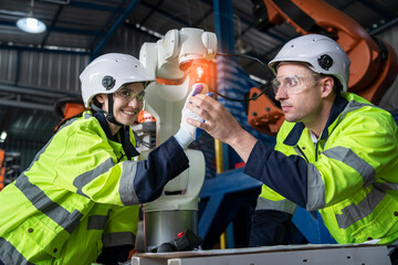 team of men and women consulting engineers discussing robotic arm inspections and testing robotic systems in a factory.