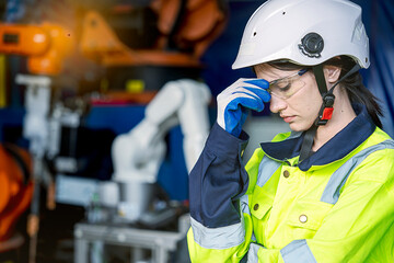 Female technician in uniform wearing helmet, busy working until headache, working with hands on head in factory.