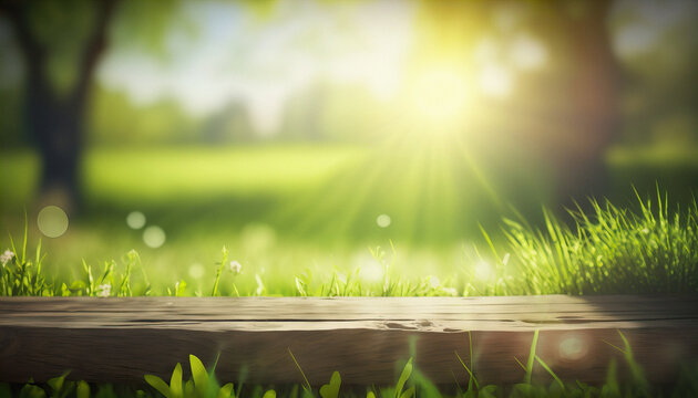 Wooden Desk Of Free Space And Spring Time. Beautiful Spring Natural Background With Green Fresh Juicy Young Grass And Empty Wooden Table In Nature Morning Outdoor