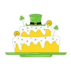 Tiered Cake with Cream Decorated with Clover Leaves and a Leprechaun Hat and Coins Treats for St Patricks Day