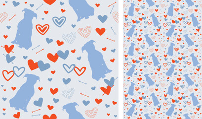 Pitbull terrier dog Valentine's day bright heart wallpaper. Love doodles heart holiday square background, repeatable pattern. St Valentine's day wallpaper, valentine's present, print tiles. Pastel.