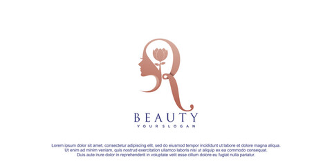 Beauty woman logo with initial letter R concept design premium vector - obrazy, fototapety, plakaty