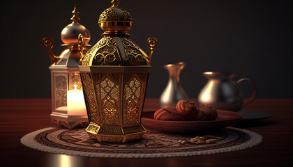 Fototapeta na wymiar Gold Ramadan Kareem and Eid Mubarak Lantern for the Holy Month of Fasting. Generative AI, Generative, AI