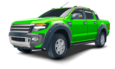 Realistic 3D vector green pickup four doors on white background - obrazy, fototapety, plakaty