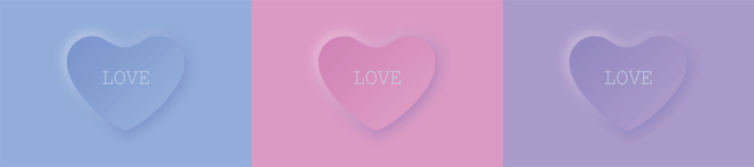 Cute pastel blue pink and purple backdrop with 3d heart frame. Happy Valentines day square background in neomorphism style for social media. Beautiful holiday banner template. Romance greeting