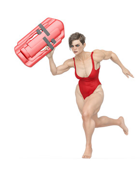 super lifeguard girl is running in action to save someone life in white background
