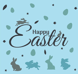 Happy Easter banner, poster, greeting card. Trendy Easter design with typography, bunnies, flowers, eggs, bunny ears, in pastel colors. Modern minimal style	
