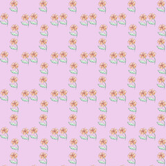 Watercolor floral background pattern, a red flower with one green leaf on a pink background