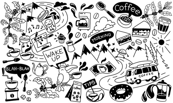 Coffee trendy mixed doodle. Cup of coffee and desert. Morning road. Black and white. Contemporary poster. Vector illustration.