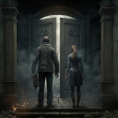 Two adventurers stand in front of a magic doorway. 