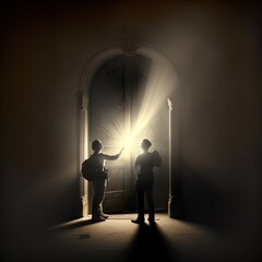 Two adventurers stand in front of a magic doorway. 