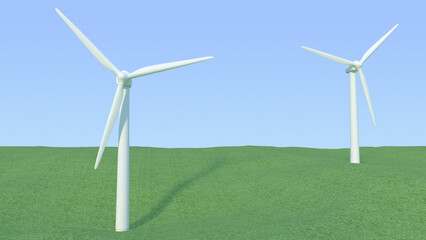 丘に立つ風力発電の3Dイラストレーション