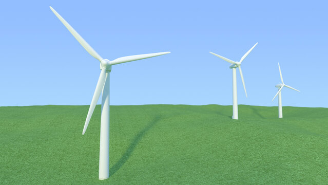 丘に立つ風力発電の3Dイラストレーション