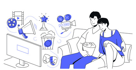 Evening with TV - colorful line design style illustration