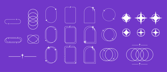 Modern minimalist aesthetic line elements. Trendy linear frames with stars, geometric forms. Arch frame with sparkles for social media, simple decorative border vector set. © jxvxnism