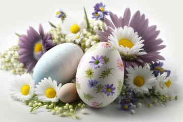 Obraz na płótnie Canvas Trendy Realistic Easter greeting card, banner with flowers, Easter eggs and and flowers with copy space. Spring floral Modern 3d Easter graphic concept - Generative AI