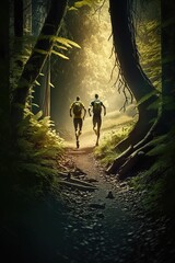 Obraz na płótnie Canvas Couple running fast through forest and mountains, on trail run with motion blur - generative AI