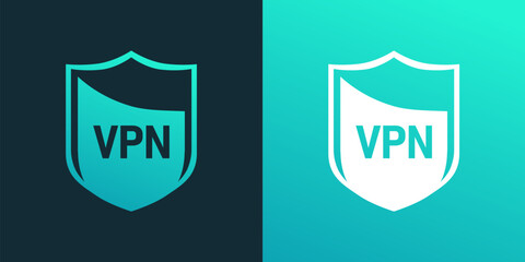 Shield emblem for sticker, logo or icon of VPN. Vector illustration isolated on black and turquoise color.