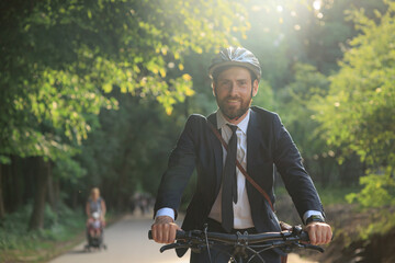 Happy attractive businessman riding bicycle on way to work.