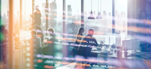 People work in a large office with windows overlooking the city, a lecture on programming Generative AI