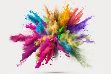 Fototapeta na wymiar Explosion of colored powder. Close up abstract dust on white background. Colored explosion. Paint holi Generative AI