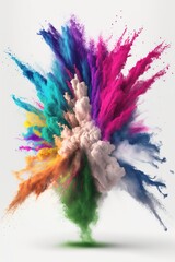 Explosion of colored powder. Close up abstract dust on white background. Colored explosion. Paint holi Generative AI