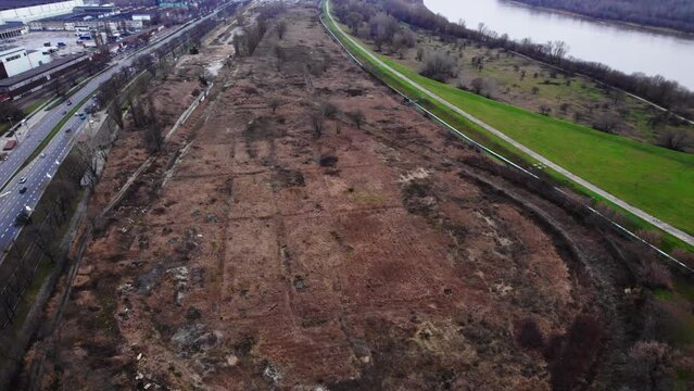 Old unused, unusable test tracks for vehicles. Full of mud, holes and dirt. Drone video. High quality 4k footage