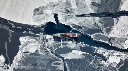 A container ship passes through thick ice in the north