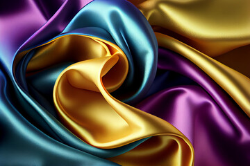 Satin or silk fabric texture in yellow, blue and pink colors. Realistic luxury cloth background design created with Generative Ai technology