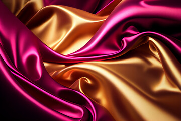 Satin or silk fabric texture in yellow and pink colors. Realistic luxury cloth background design created with Generative Ai technology