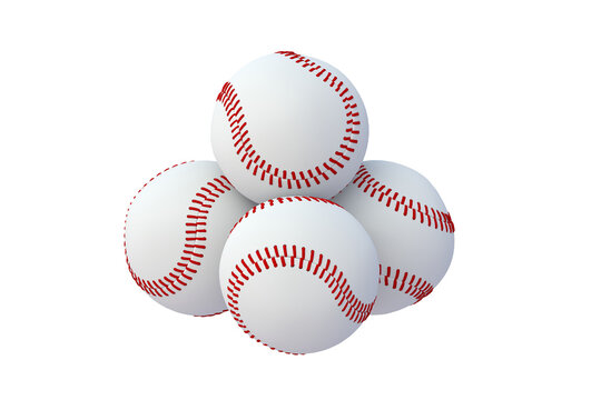 Heap of baseball balls isolated on white background. Sports equipment. 3d render