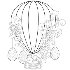Colouring page-179, hand drawn, vector. Easter eggs, flowers, rabbit, air balloon, white background.