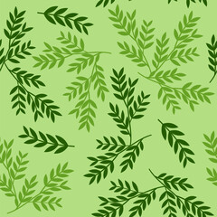 Seamless pattern with green leaves on a light background. Floral pattern. Vector. Pattern for background, packaging, decor, wallpaper, textile.